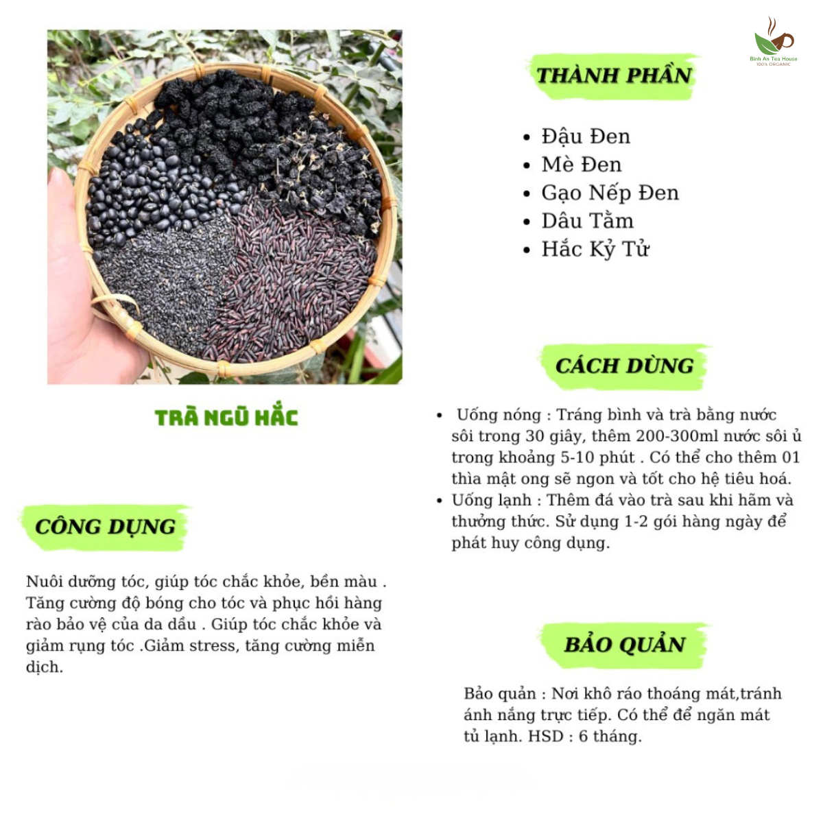 Trà Ngũ Hắc Thảo Mộc Thiên Nhiên - Hỗ trợ mọc tóc nhanh, giảm rụng tóc, đen tóc tự nhiên, Hộp 30 Gói