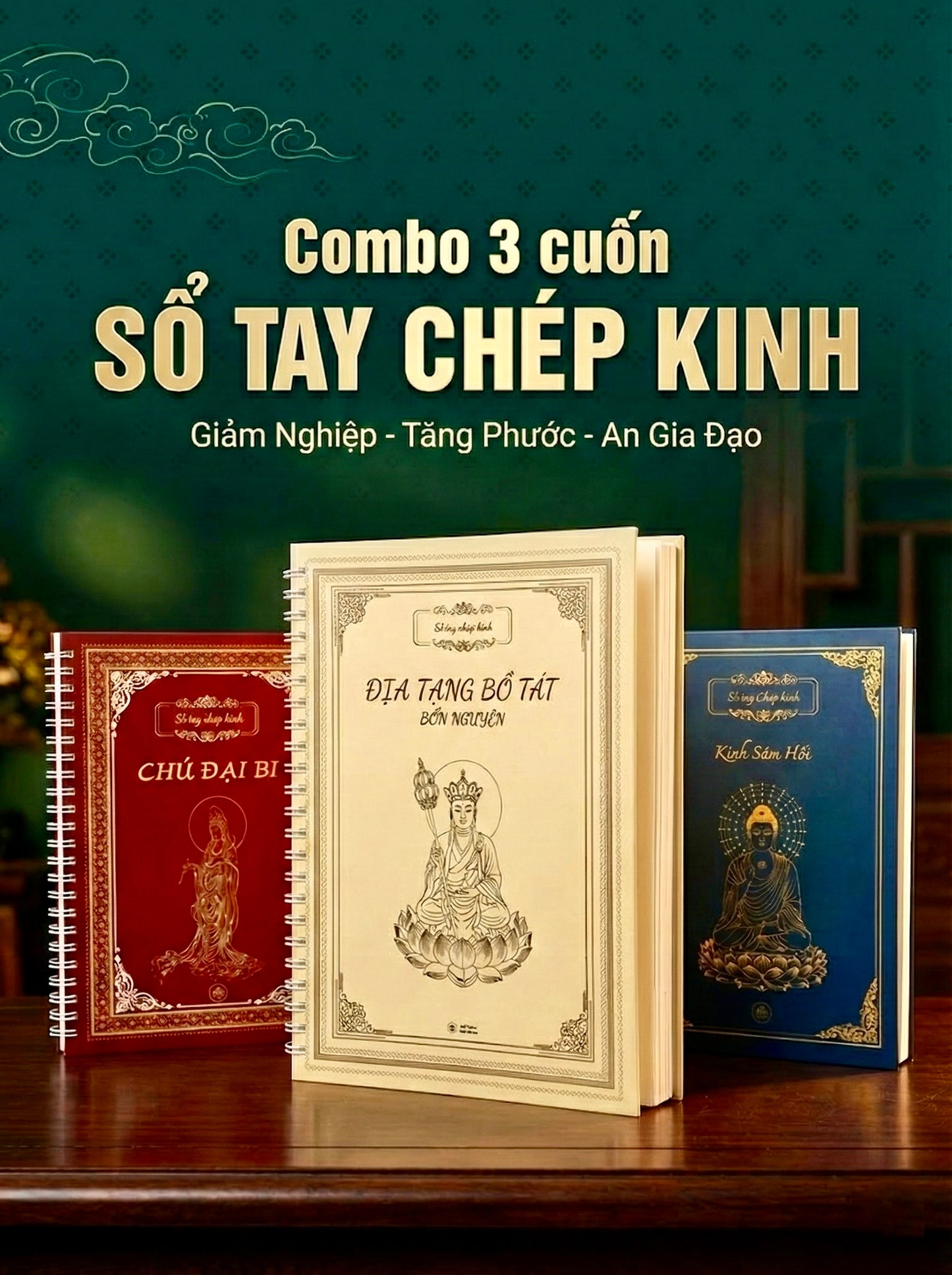 Combo 3 cuốn sổ tay chép kinh Công Đức Vô Lượng: Kinh Địa Tạng Bồ Tát - Kinh Sám Hối - Chú Đại Bi